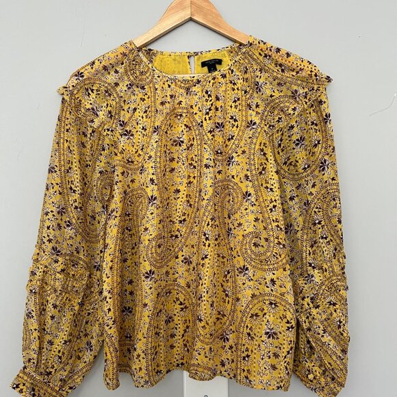 Ann Taylor Paisley Ruffle Sleeve Blouse – Desert Yellow – Size S - Petite - Picture 1 of 11
